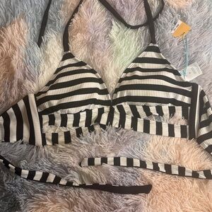 KONA SOL Black and White Striped Bra new Medium